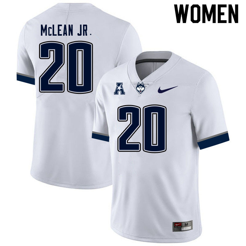 Women #20 Deon Mclean Jr. Uconn Huskies College Football Jerseys Sale-White - Click Image to Close